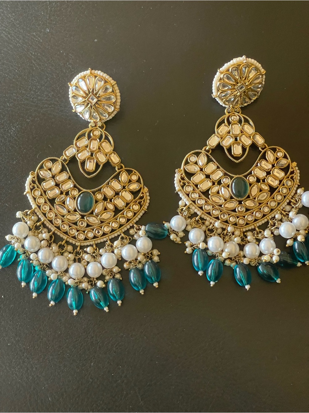 Gold and Teal Pearl Chandbali Earrings - Designer Style